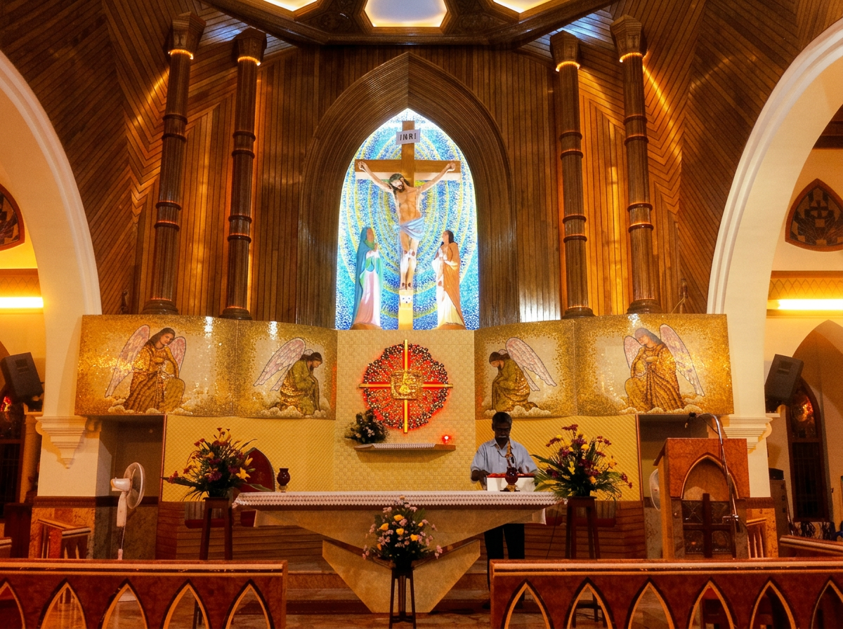 Sanctuary interior with stained glass